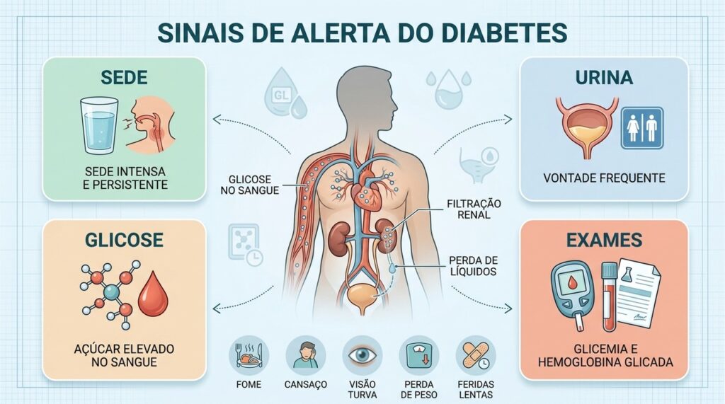 Sede, urina frequente e exames de glicemia ajudam a investigar alterações persistentes do açúcar.