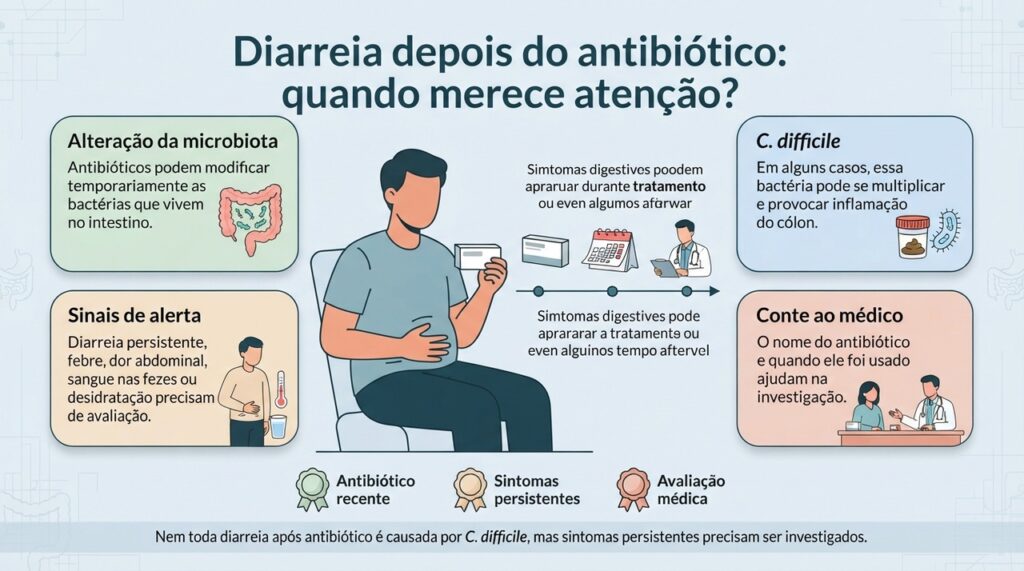 A diarreia após antibióticos costuma ser leve, mas persistência, febre, dor abdominal ou desidratação justificam avaliação médica.