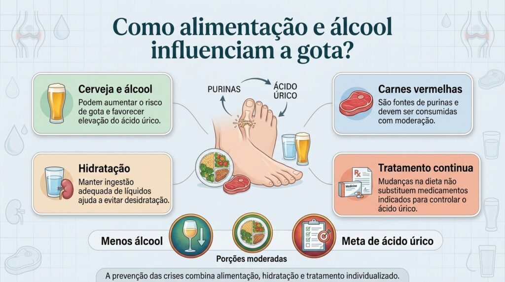 A alimentação pode ajudar no controle da gota, mas deve atuar junto com o tratamento indicado para manter o ácido úrico na meta.