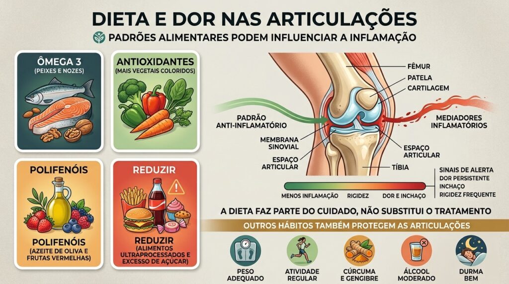 Ômega 3, antioxidantes e menos ultraprocessados integram uma estratégia alimentar anti-inflamatória.