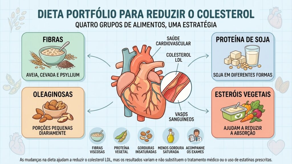 A dieta Portfólio reúne fibras viscosas, proteína de soja, oleaginosas e esteróis vegetais para apoiar a saúde cardiovascular.