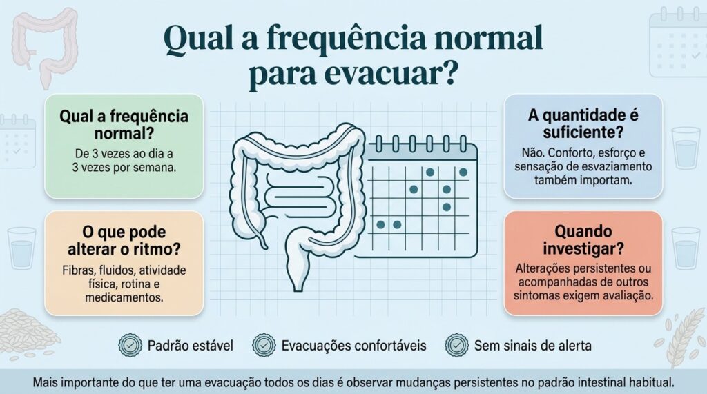 Um intestino saudável pode funcionar em ritmos diferentes, desde que o padrão seja estável e a evacuação ocorra sem dificuldade importante.