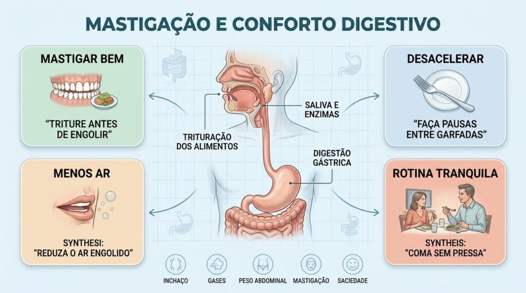 Pequenas pausas, porções menores e mastigação completa favorecem uma digestão mais confortável.