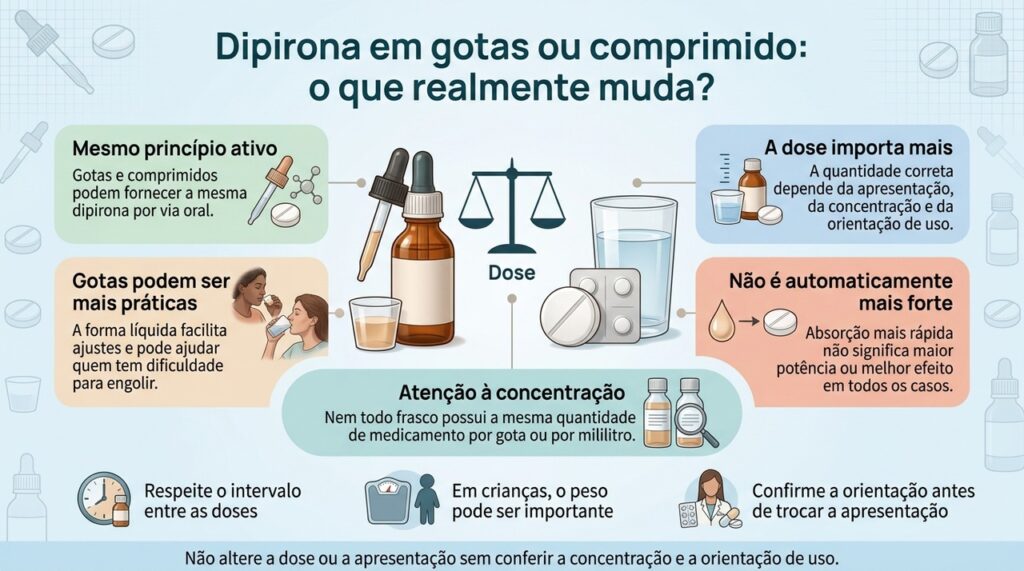 Na dipirona oral, a dose correta, a concentração e o intervalo entre as tomadas costumam importar mais do que escolher gotas ou comprimido.