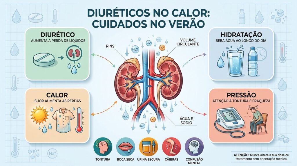 Suor e diuréticos aumentam perdas de líquidos, exigindo atenção aos sinais de desidratação.