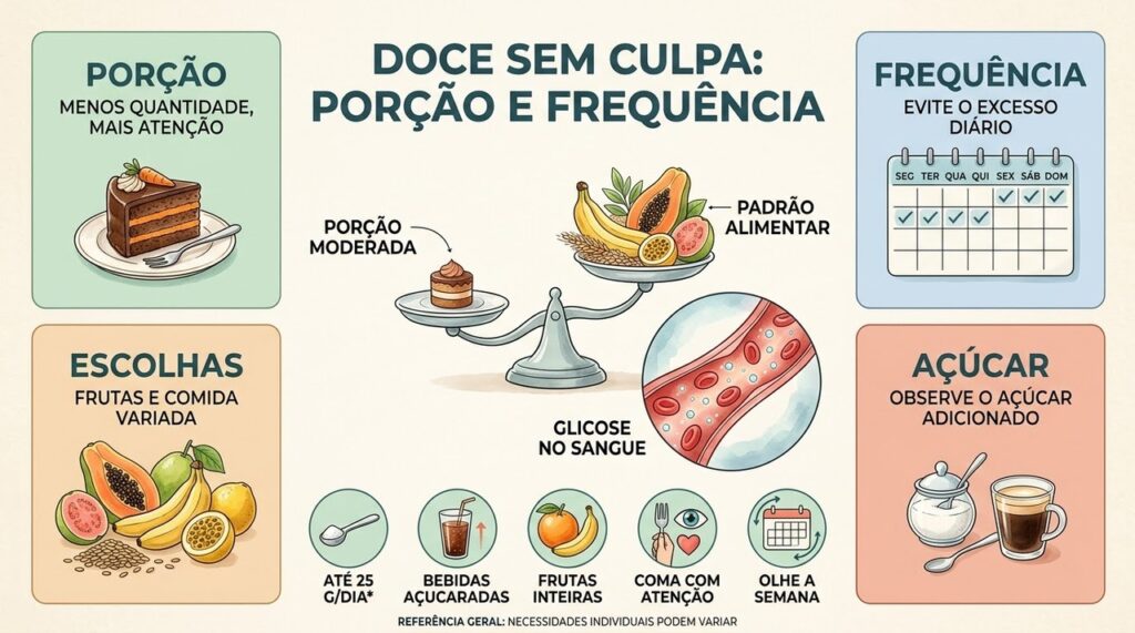 Porções moderadas, menos açúcar adicionado e escolhas variadas ajudam a equilibrar o consumo de doces.