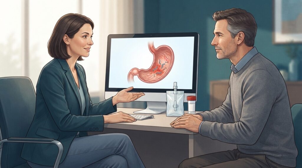 Os sintomas não confirmam H. pylori; exames específicos são necessários para identificar a bactéria.