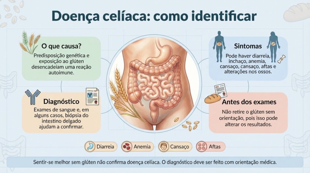 Exames de sangue e, em alguns casos, biópsia do intestino ajudam a confirmar a doença celíaca, e o glúten não deve ser retirado antes da investigação sem orientação.