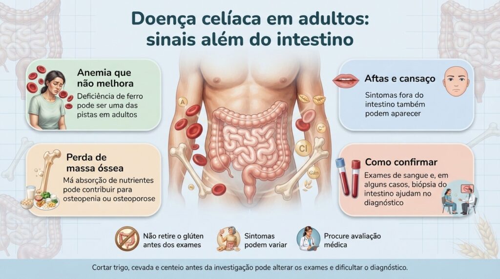 A doença celíaca pode se manifestar por anemia, cansaço, aftas e perda de massa óssea, mesmo sem sintomas intestinais marcantes.