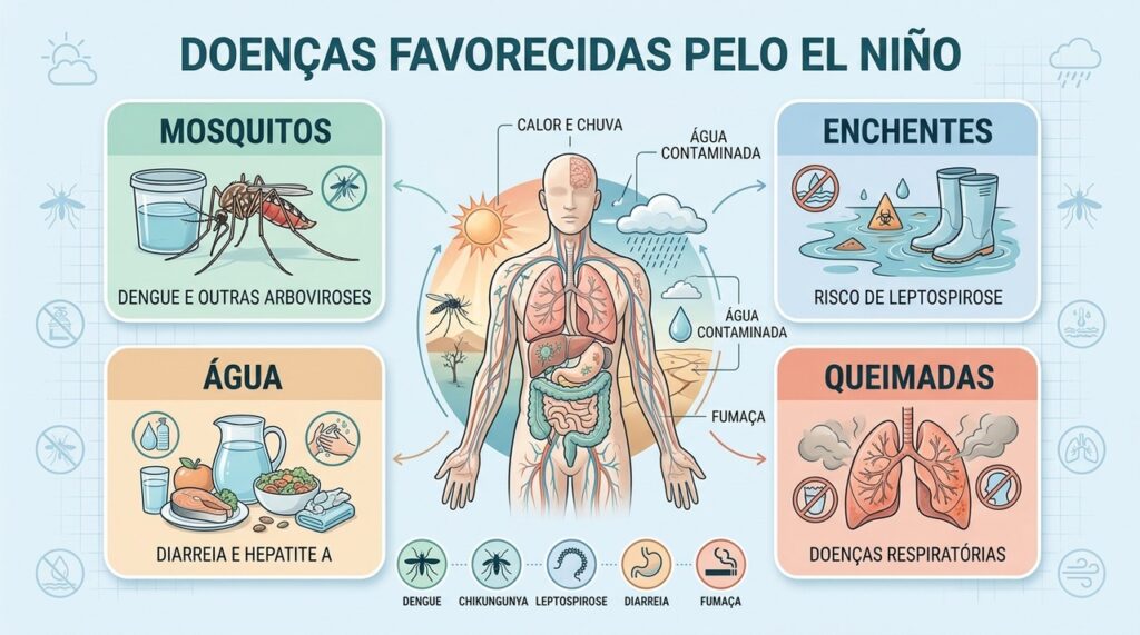 El Niño pode favorecer arboviroses, leptospirose, infecções intestinais e doenças respiratórias.