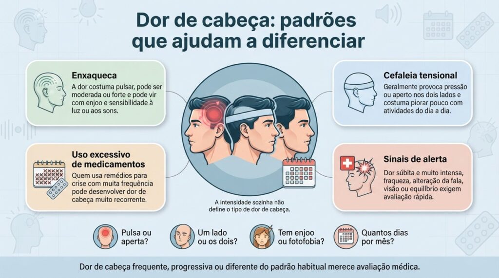 Localização, tipo da dor, sintomas associados e frequência das crises ajudam a reconhecer padrões, mas não substituem avaliação médica.