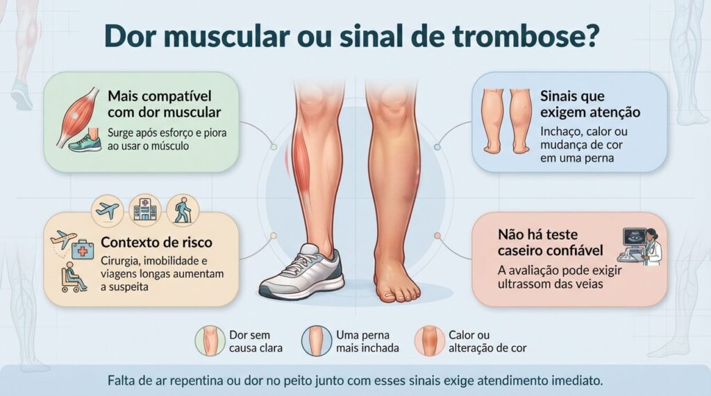 A trombose não pode ser confirmada em casa; dor acompanhada de inchaço ou calor em uma perna precisa de avaliação.