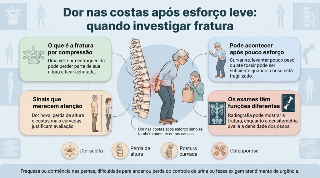 Dor nova após esforço leve, especialmente junto de perda de altura ou mudança de postura, pode justificar investigação de fratura vertebral.