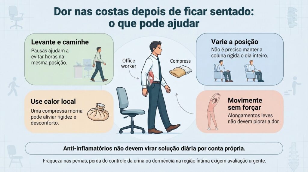 Para dor leve após horas sentado, movimento, pausas e calor local podem ser estratégias úteis antes de depender de medicamentos.