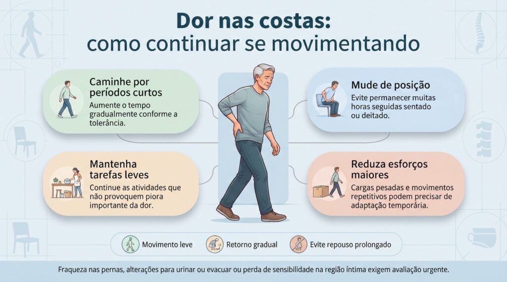 O movimento deve ser adaptado à dor, com atividades leves e progressão gradual, desde que não existam sinais de alerta.