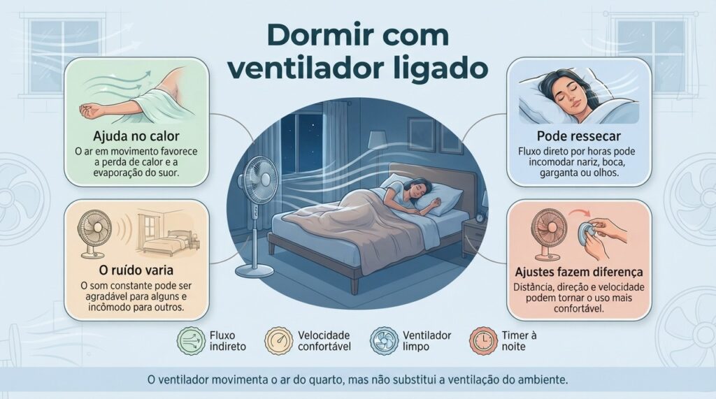 Direção do ar, velocidade, ruído e condições do quarto influenciam o conforto ao dormir com ventilador.