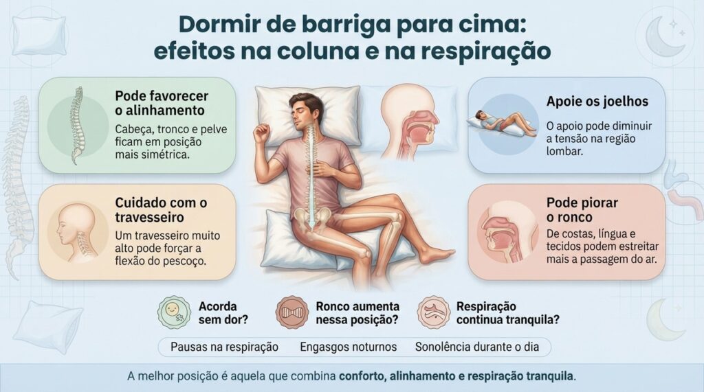 Dormir de costas pode favorecer o alinhamento da coluna, mas também pode piorar ronco e apneia em algumas pessoas.