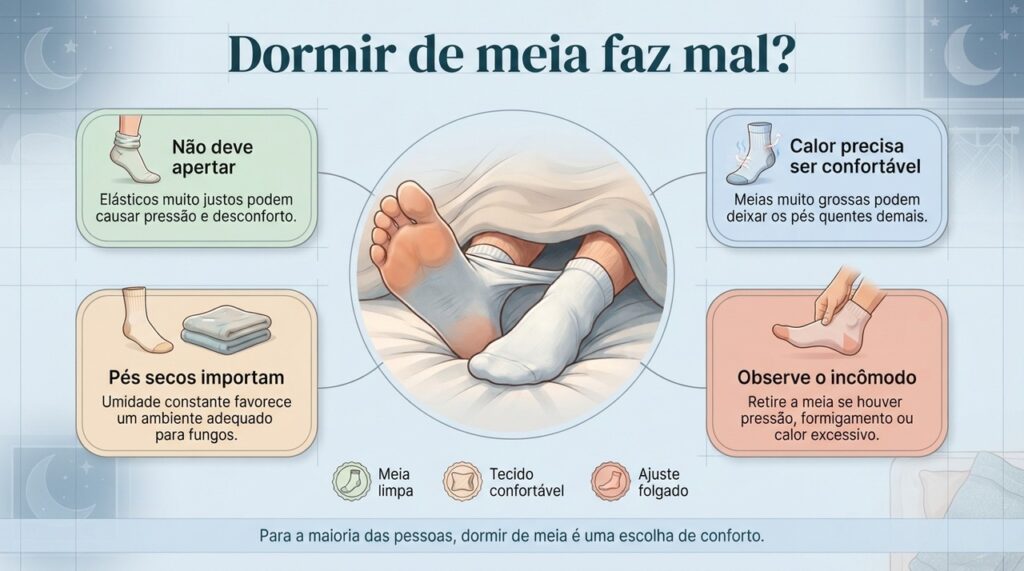 Meias limpas, secas, confortáveis e sem compressão ajudam a evitar incômodos durante a noite.