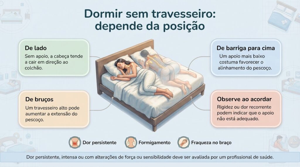 A necessidade de travesseiro muda conforme a posição de dormir e o alinhamento entre cabeça, pescoço e tronco.
