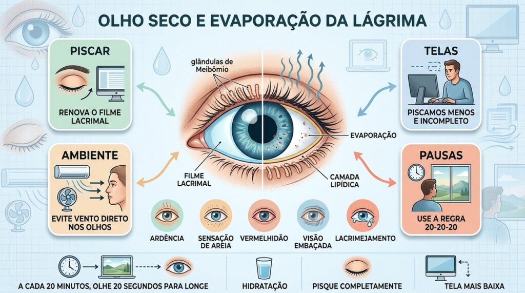 Telas, piscar incompleto e ar seco aceleram a evaporação do filme lacrimal.
