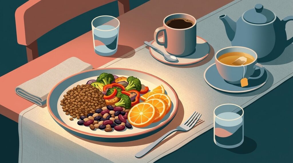 Combinar fontes vegetais de ferro com vitamina C favorece a absorção, enquanto café e chá podem reduzi-la quando consumidos junto à refeição.