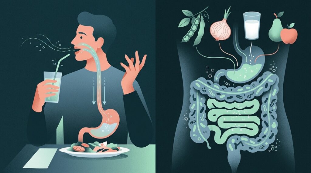 Os gases podem vir tanto do ar engolido quanto da fermentação de carboidratos no intestino grosso.