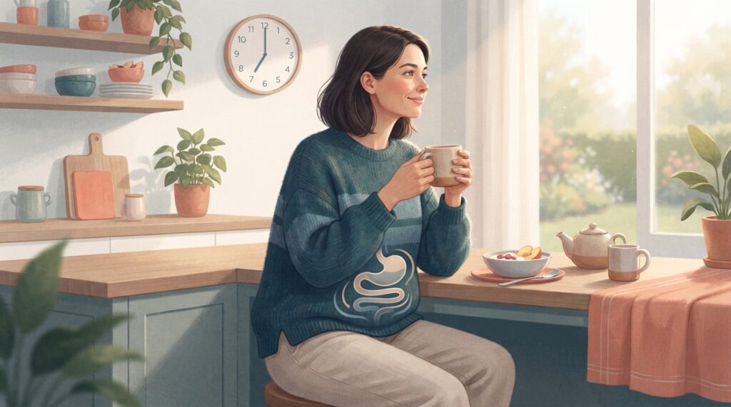 O café da manhã pode estimular movimentos do cólon por meio do reflexo gastrocólico.