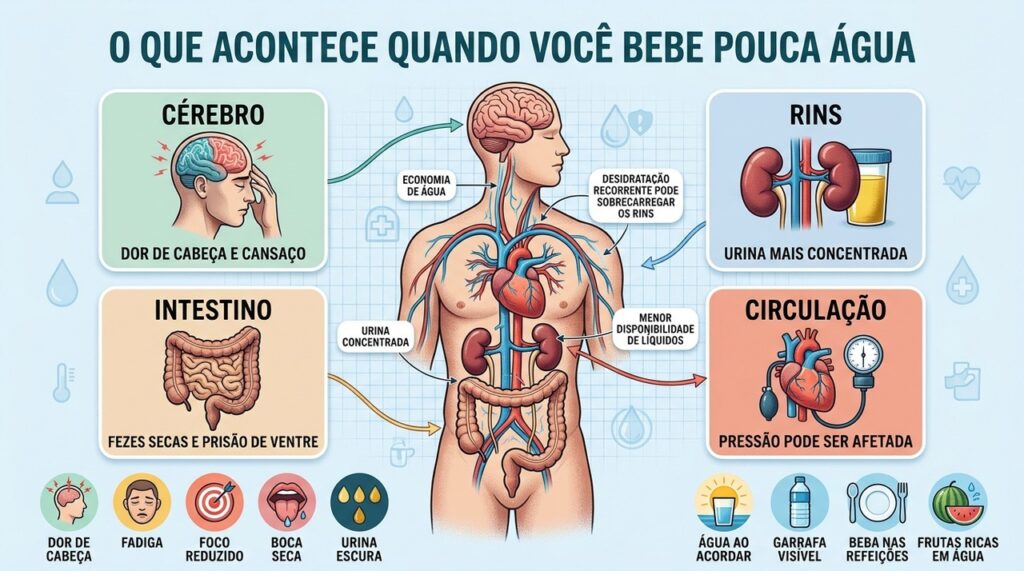 Pouca água afeta cérebro, rins, intestino e circulação antes mesmo da sede.