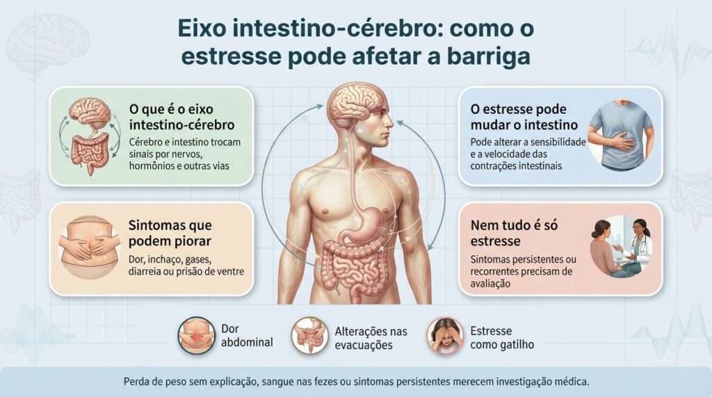 O estresse pode influenciar a motilidade e a sensibilidade intestinal, mas sintomas persistentes precisam ser investigados.