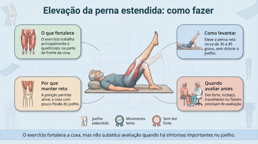 O movimento deve ser lento e controlado, com o joelho reto e sem provocar dor forte.