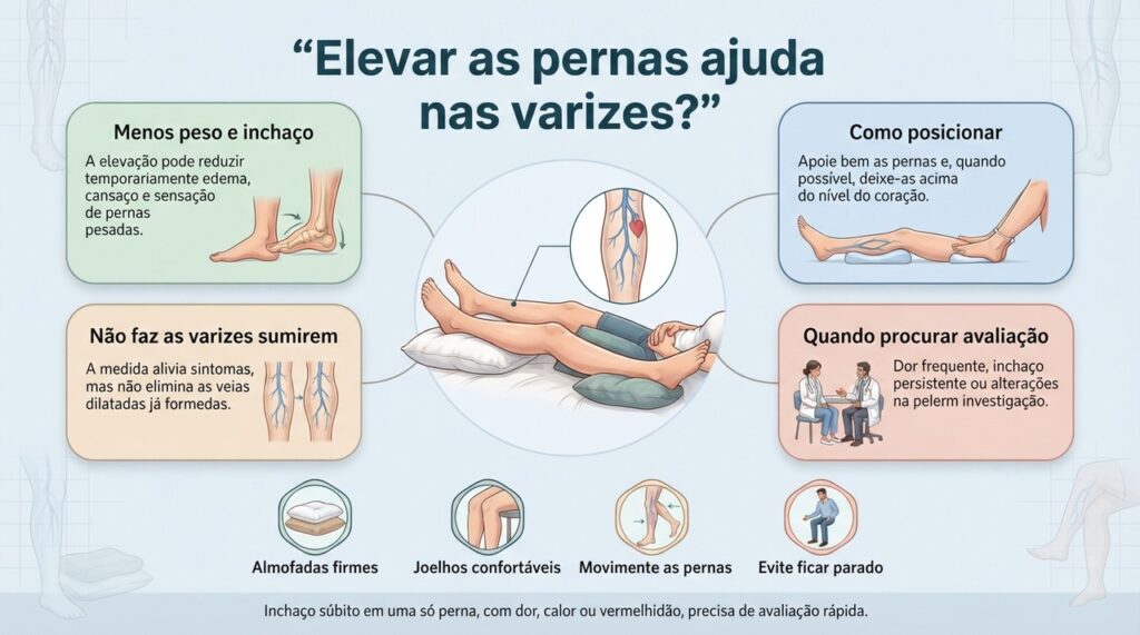 Elevar as pernas é uma medida simples para aliviar sintomas venosos, mas não substitui a avaliação e o tratamento das varizes.