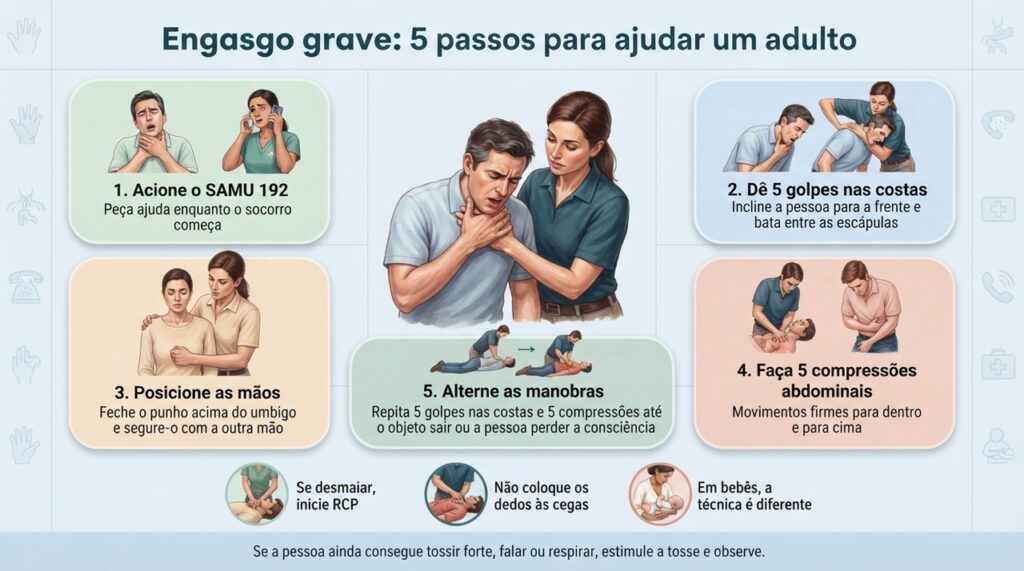 Reconhecer a obstrução grave, acionar o 192 e iniciar as manobras corretas pode salvar uma vida.