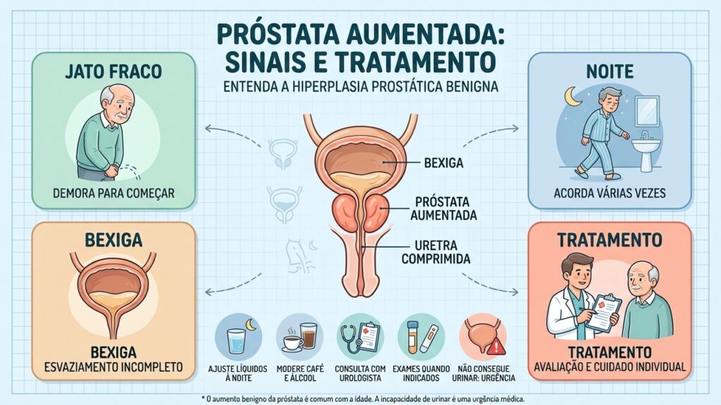 Noctúria, urgência e esvaziamento incompleto são sinais possíveis de hiperplasia prostática benigna e têm tratamento.
