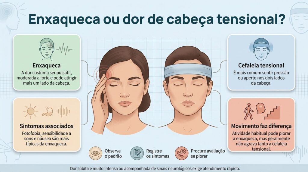 Observar intensidade, tipo da dor, sintomas associados e piora com movimento ajuda a diferenciar os principais padrões de cefaleia.