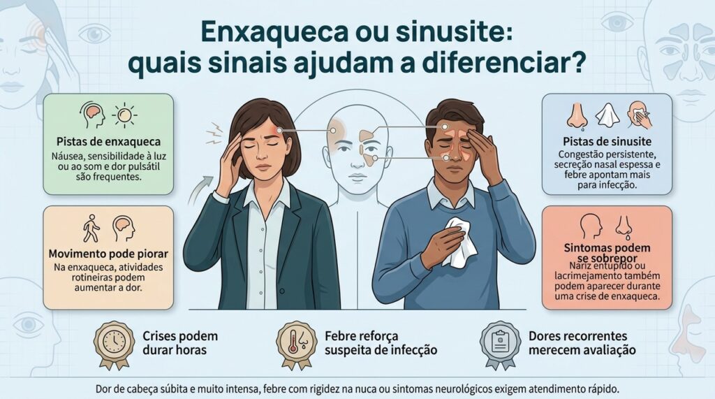 Náusea, fotofobia e piora com movimento favorecem enxaqueca, enquanto febre e secreção nasal espessa apontam mais para sinusite aguda.