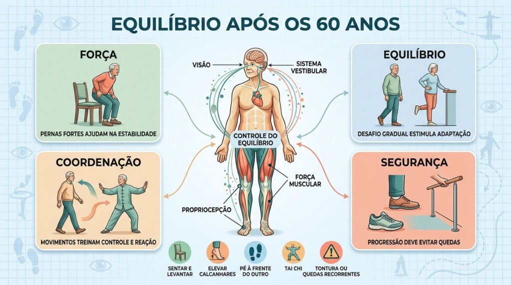 Força, equilíbrio, coordenação e segurança formam pilares importantes para prevenir quedas.