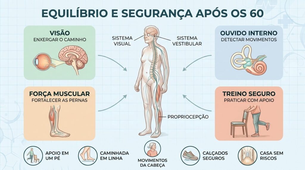 Visão, ouvido interno e propriocepção trabalham juntos; exercícios e adaptações domésticas ajudam a reduzir quedas.