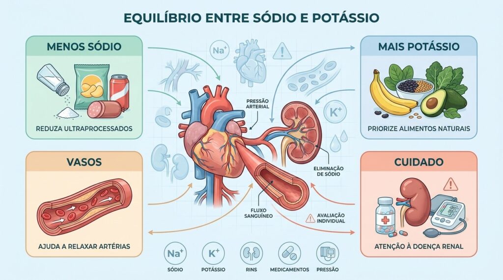Reduzir sódio, priorizar potássio e considerar rins e medicamentos exige atenção individual.