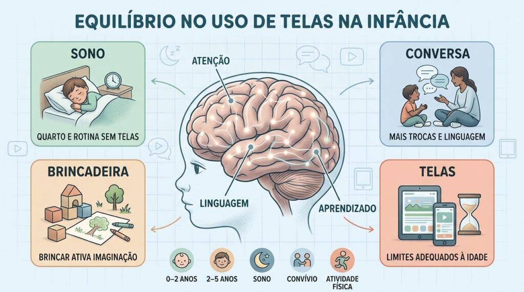 Sono, conversa, brincadeiras e limites digitais ajudam a equilibrar a rotina infantil.