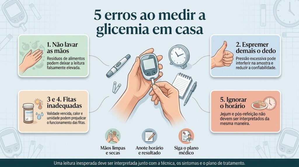 Evitar erros simples na técnica torna a medição da glicemia mais confiável e facilita a interpretação dos resultados.