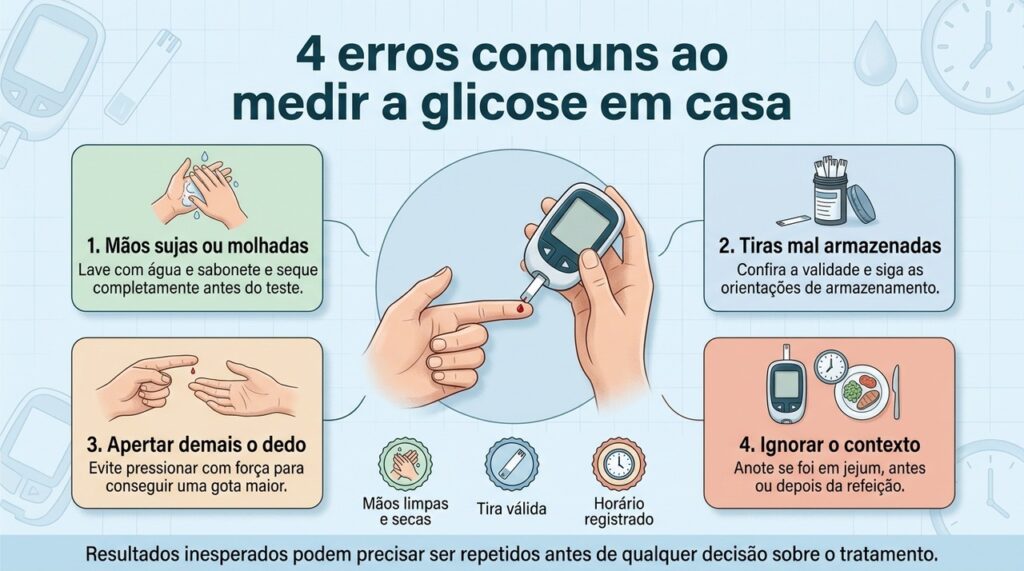 Técnica correta, tiras bem conservadas e registro do horário ajudam a interpretar melhor a glicemia medida em casa.