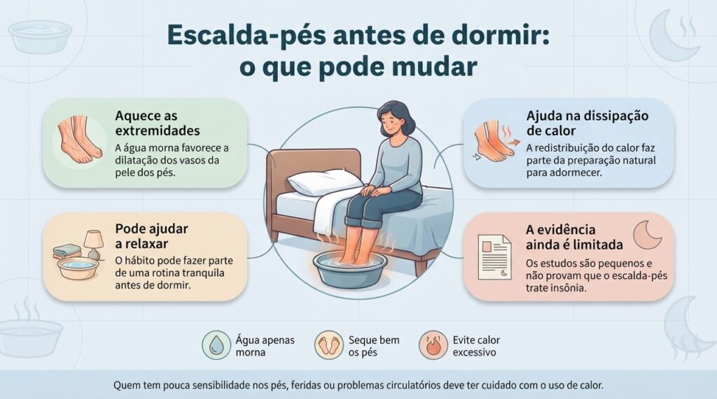 O escalda-pés pode favorecer relaxamento e redistribuição de calor, mas ainda não há evidência forte de que trate insônia.