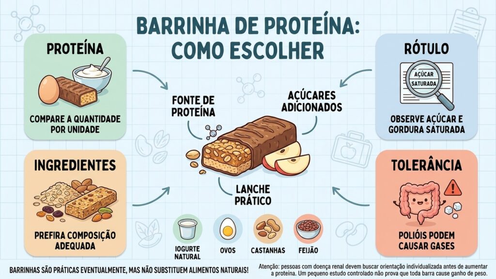 Proteína por porção, açúcar adicionado, gordura saturada e adoçantes são pontos essenciais na escolha da barrinha.