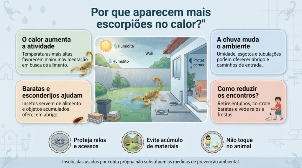 Meses quentes e chuvosos podem favorecer maior atividade dos escorpiões e aumentar os encontros em áreas próximas às casas.
