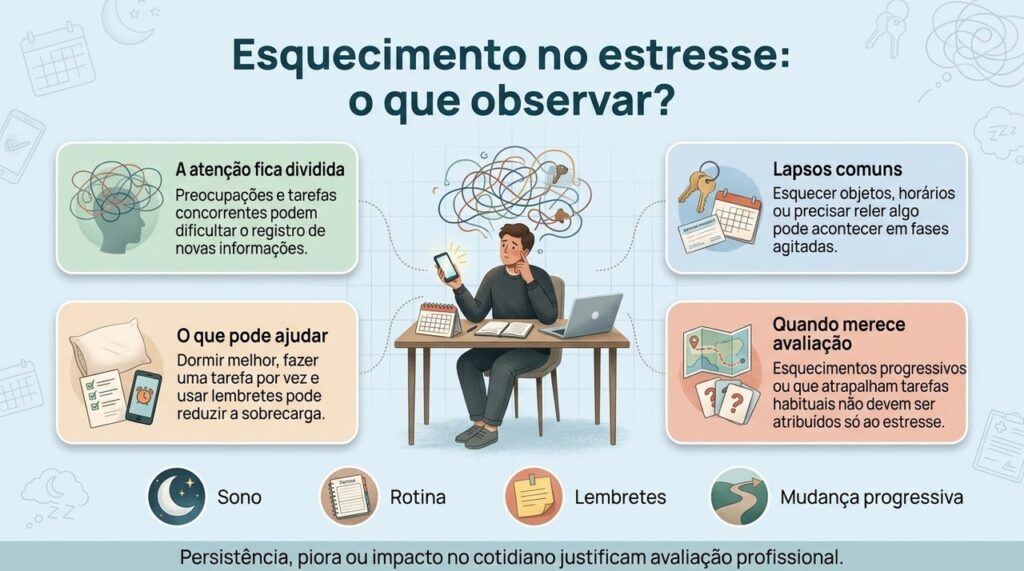 Observar se os esquecimentos acompanham a sobrecarga ou estão progredindo ajuda a entender quando é hora de investigar.