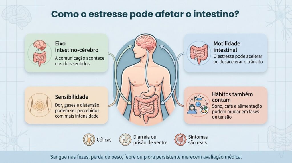 O estresse pode alterar a motilidade e a sensibilidade intestinal, mas sintomas persistentes não devem ser atribuídos automaticamente a ele.