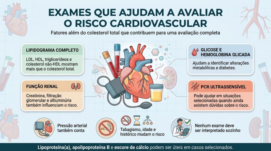 A avaliação cardiovascular vai além do colesterol total e reúne informações sobre lipídios, glicose, rins, pressão e outros fatores de risco.