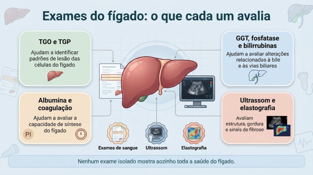 A avaliação do fígado combina marcadores de lesão e função com exames que mostram a estrutura e a presença de fibrose.