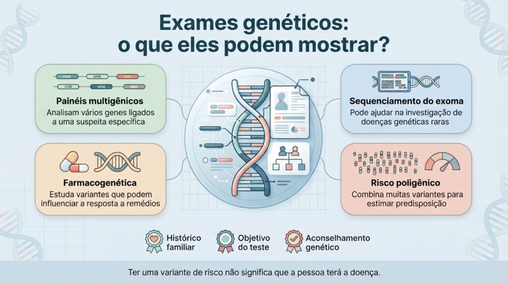 A utilidade de um teste genético depende da pergunta clínica, do histórico familiar e de como o resultado pode mudar o acompanhamento.