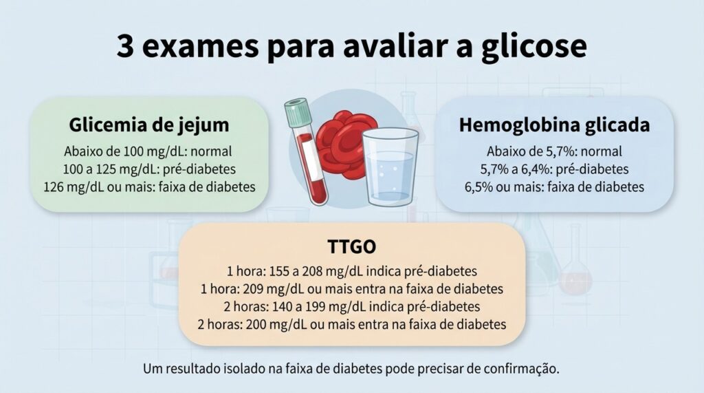 Glicemia de jejum, hemoglobina glicada e TTGO ajudam a identificar alterações no controle da glicose.